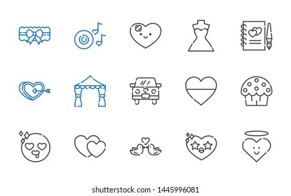wedding icons set. Collection of wedding with heart, love birds, hearts, in love, cup cake, wedding car, arch, guests book, dress. Editable and scalable icons.