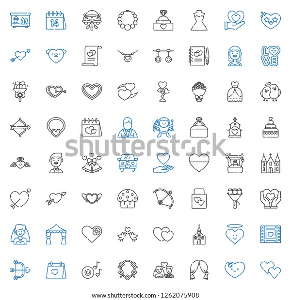 wedding icons set.\
Collection of wedding with heart, wedding arch, newlyweds,\
necklace, romantic music, wedding day, cupid, video. Editable and\
scalable icons.