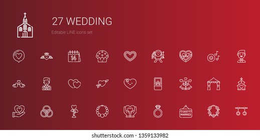 wedding icons set. Collection of wedding with just married, engagement ring, heart, necklace, love, rings, wedding bells, cupid, hearts, groom. Editable and scalable icons.