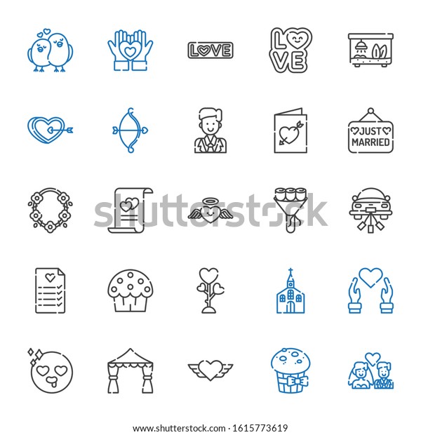 wedding icons set.\
Collection of wedding with newlyweds, muffin, heart, wedding arch,\
in love, church, love, cup cake, planning, car. Editable and\
scalable icons.