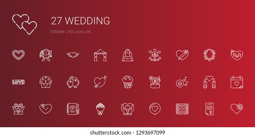 wedding icons set. Collection of wedding with wedding video, love, heart, bouquet, guests book, romantic music, ring, muffin, cupid, love birds. Editable and scalable icons.