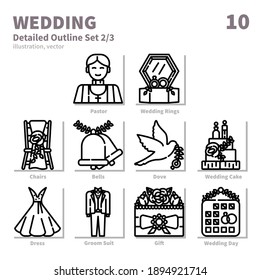 Wedding icons set, Detailed Outline, vector and illustration set 2