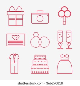 Wedding icons set. Wedding dress, suit, cake, bouquet, rings, invitation, camera, champagne glasses, present box. Contemporary wedding icons on background. Flat line style vector illustration. 