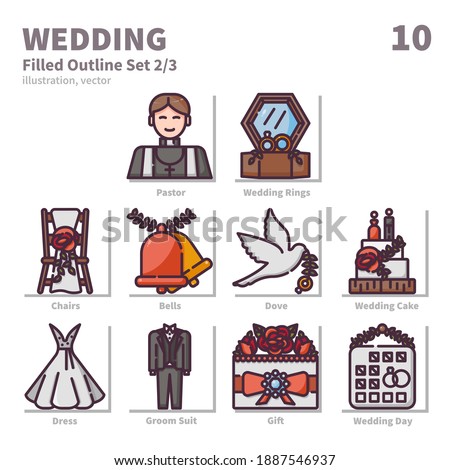 Wedding icons set, Filled Outline, vector and illustration set 2