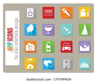 iconos de boda ajustados en diseño plano con sombra larga