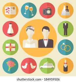 Wedding Icons Set, Flat Design Vector