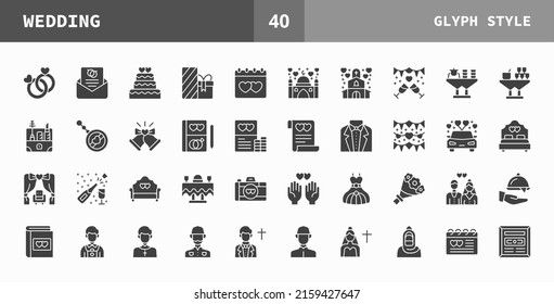 Iconos de boda establecidos. Conjunto de glifos del vector. Se puede usar para productos digitales, presentación, interfaz de usuario y muchos más.