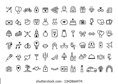 Wedding icons set. Hand drawn vector wedding symbols and signs on white background