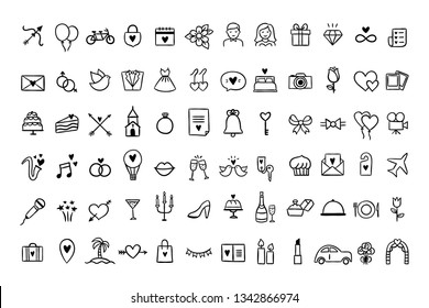 Wedding Icons Set. Hand Drawn Vector Wedding Symbols And Signs On White Background