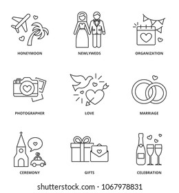 Wedding icons set: honeymoon, newlyweds, organization, photographer, love, marriage, ceremony, gifts, celebration. Editable stroke