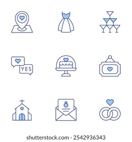 Wedding icons set. Line Duotone style, editable stroke. glasses, love, proposal, cake, wedding dress, invitation, rings, wedding location.