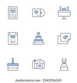 Wedding icons set. Line Duotone style, editable stroke. photo camera, pictures, vinyl disc, wedding cake, wedding dinner, wedding dress, cake, invitation.