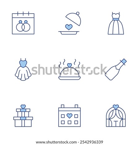Wedding icons set. Line Duotone style, editable stroke. day, wedding dress, gift, bride, champagne, wedding arch, calendar, food tray, food.