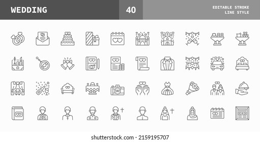 Wedding icons set. Line set of vector icons editable stroke and pixel perfect. Can used for digital product, presentation, UI and many more.