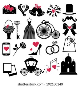 Wedding icons set. Love flat vector for Valentines day,wedding,romantic events.Vintage,retro style.For web,print ,mobile,wedding infographic.Modern Vector buttons.Wedding symbols,flat signs.Isolated