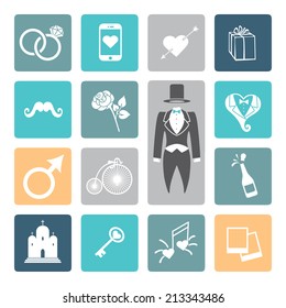 Wedding icons set. Love flat vector for Valentines day,wedding,romantic events.For web ,print and mobile,wedding infographic.Groom clothes,suit.Modern Vector buttons.Wedding symbols,flat signs