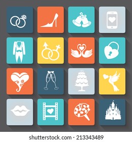 Wedding icons set. Love flat vector for Valentines day,wedding,romantic events.For web ,print and mobile,wedding infographic.Modern Vector buttons.Wedding symbols,flat signs