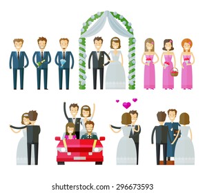 wedding icons set.  marriage, nuptial, wed or bride and groom signs. vector illustration