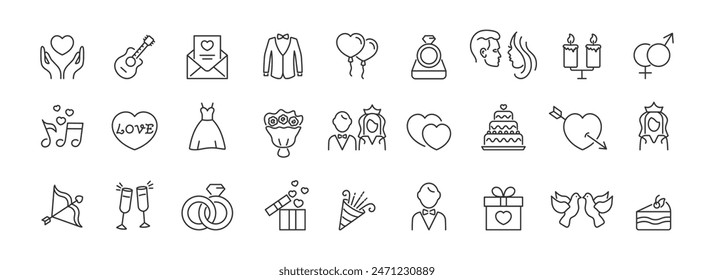 Wedding icons set. Marriage, romantic date line icon. Love collection. Vector.