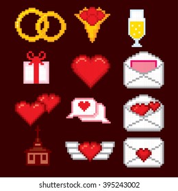 Wedding icons set. Pixel art. Old school computer graphic style.