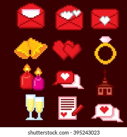 Wedding icons set. Pixel art. Old school computer graphic style.