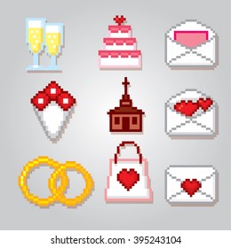 Wedding icons set. Pixel art. Old school computer graphic style.