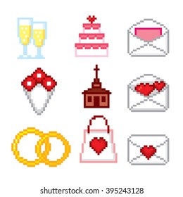 Wedding icons set. Pixel art. Old school computer graphic style.