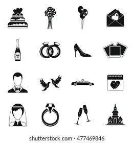 Wedding icons set in simple style. Marriage set collection vector illustration