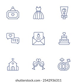 Wedding icons set. Thin Line style, editable stroke. love, proposal, wedding, wedding cake, dress, invitation, flower bouquet, get married.