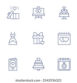 Wedding icons set. Thin Line style, editable stroke. gift, greeting card,, cake, day, dress, gift box.