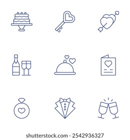 Wedding icons set. Thin Line style, editable stroke. cake, champagne, wedding ring, key, menu, suit, marriage, wedding, wedding invitation.