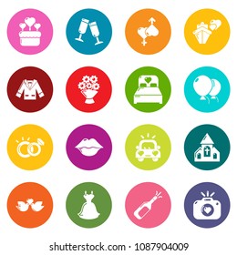 Wedding icons set vector colorful circles isolated on white background 