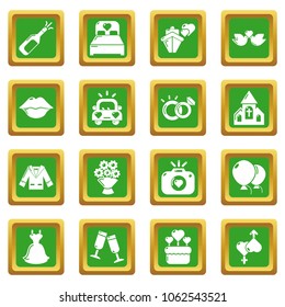 Wedding icons set vector green square isolated on white background 
