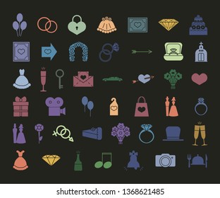wedding icons set. Vector illustration multicolored on a black background.