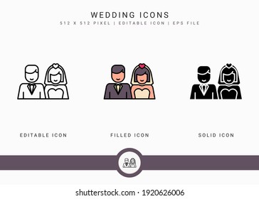 Wedding icons set vector illustration with solid icon line style. Love romance concept. Editable stroke icon on isolated background for web design, user interface, and mobile application