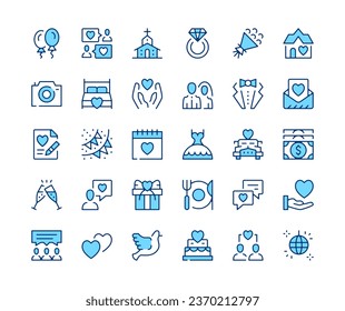 Wedding icons set. Vector line icons. Blue color outline stroke symbols. Modern concepts