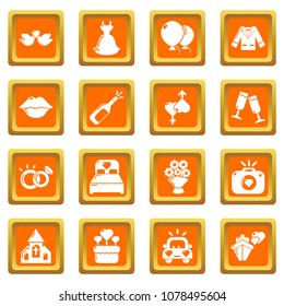 Wedding icons set vector orange square isolated on white background 