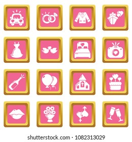 Wedding icons set vector pink square isolated on white background 