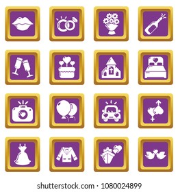 Wedding icons set vector purple square isolated on white background 