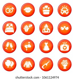 Wedding icons set vector red circle isolated on white background 