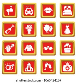 Wedding icons set vector red square isolated on white background 