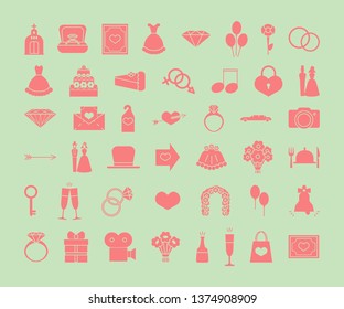 wedding icons set. vector silhouette illustration on green background.