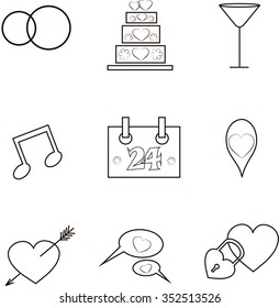 Wedding icons, thin black lines on white. Wedding rings, cake, glass, memo, calendar, pointer, heart with arrow, dialog boxes, heart with lock. Design element, vector