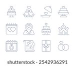 Wedding icons. Thin Line style, editable stroke. cake, chapel, wedding, rings, cake, wedding day, bell, contract, food tray, gift, wedding location.