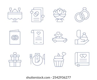 Wedding icons. Thin Line style, editable stroke. marriage, romantic dinner, proposal, wedding, wedding gift, wedding invitation, car, cupcake.