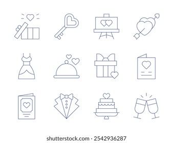 Wedding icons. Thin Line style, editable stroke. gift, greeting card, key, menu, suit, cake, marriage, dress, invitation, gift box.