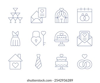 Wedding icons. Thin Line style, editable stroke. home, padlock, tie, wedding cake, dress, wedding invitation, rings.