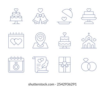 Wedding icons. Thin Line style, editable stroke. cake, chapel, wedding, rings, cake, wedding day, bell, contract, food tray, gift, wedding location.