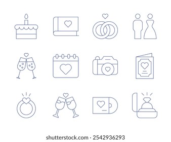 Wedding icons. Thin Line style, editable stroke. bride and groom, cake, card, cheers, diamond ring, engagement ring, photo camera, vinyl disc, wedding rings, album, calendar.