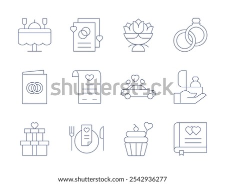 Wedding icons. Thin Line style, editable stroke. marriage, romantic dinner, proposal, wedding, wedding gift, wedding invitation, car, cupcake.
